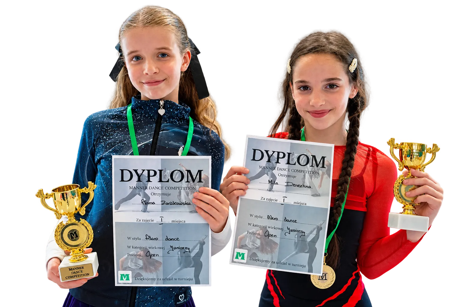 Dwie tancerki z dyplomami i pucharami
